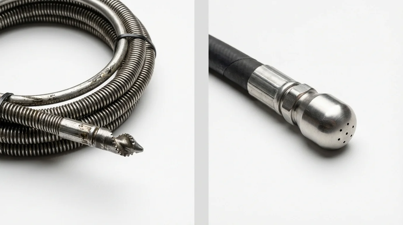 Drain snake cable and hydro jetting nozzle used for drain cleaning in DeMotte, IN