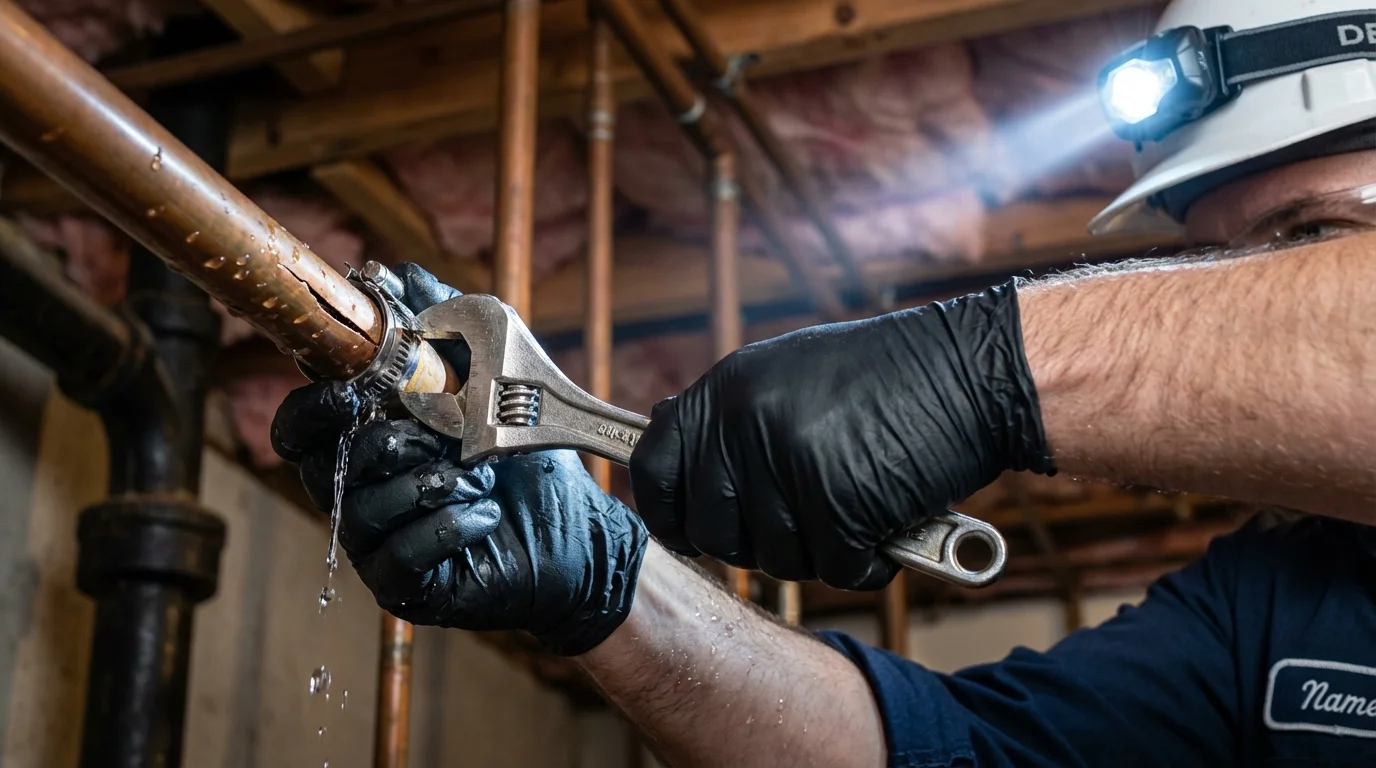 Emergency pipe clamp repair being performed by a Johns Plumbing LLC plumber in DeMotte