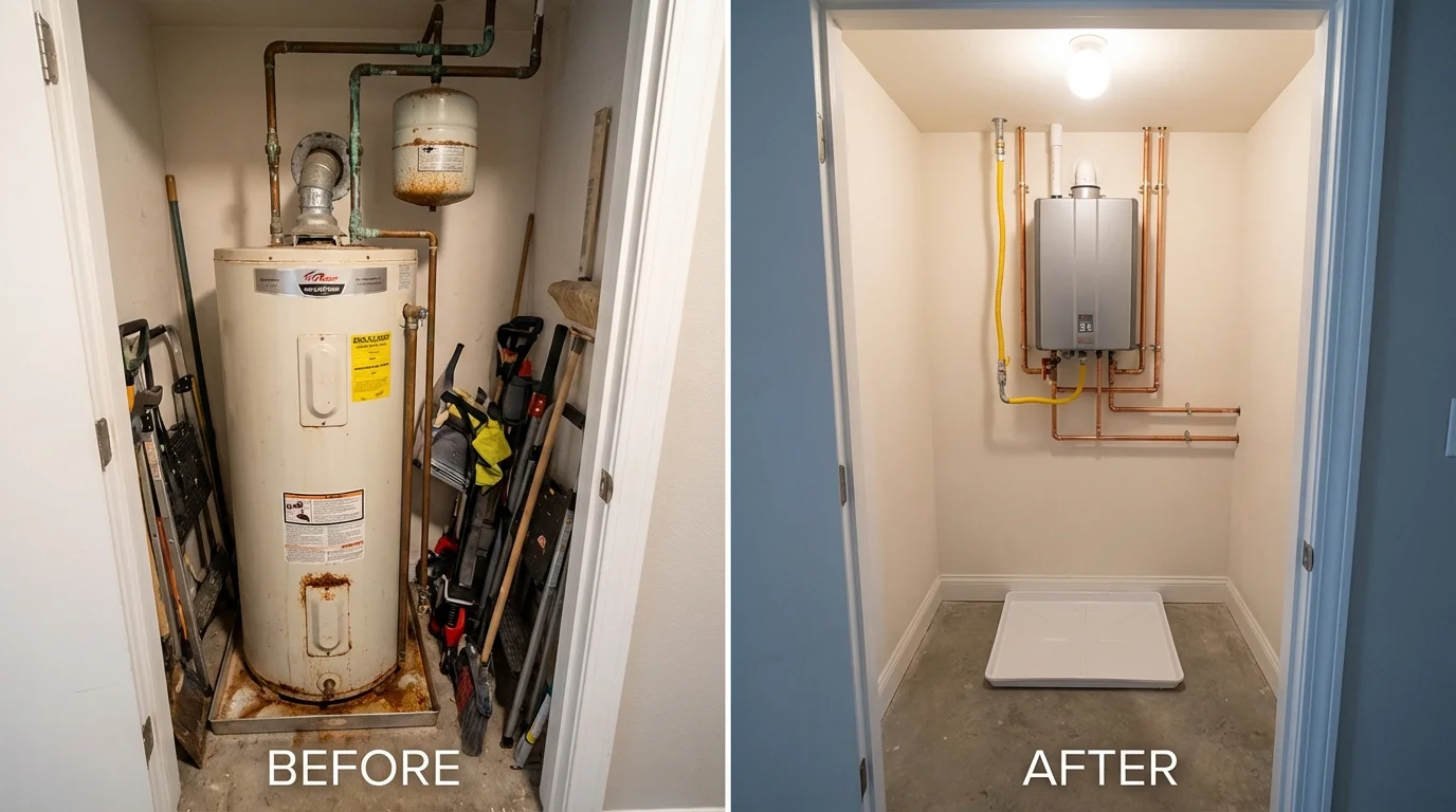 Tank water heater versus wall-mounted tankless unit comparison for DeMotte, IN homeowners