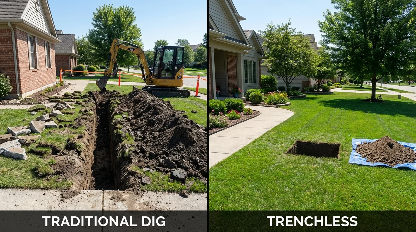 Trenchless sewer repair with minimal yard damage versus traditional excavation in DeMotte, IN
