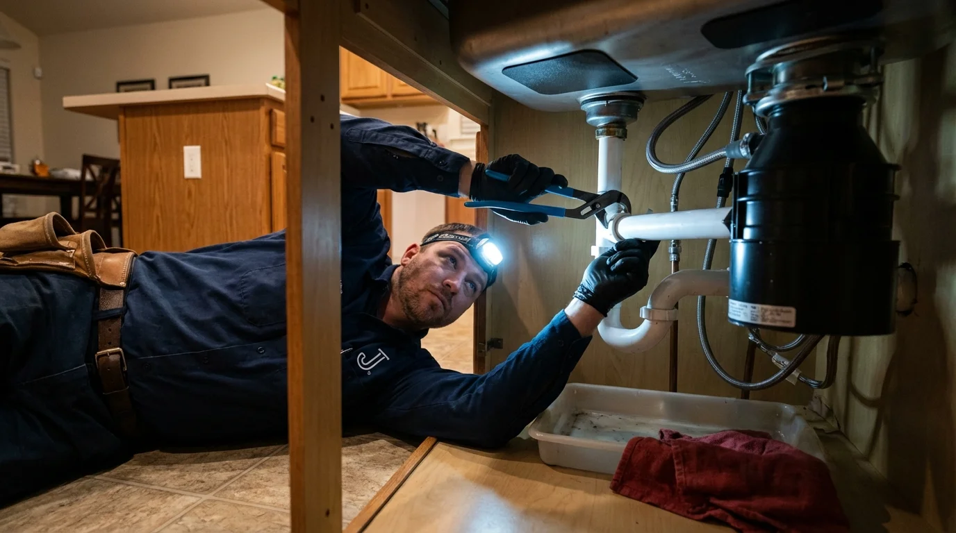 P-trap and supply line connections under a kitchen sink showing a common leak point in DeMotte, IN